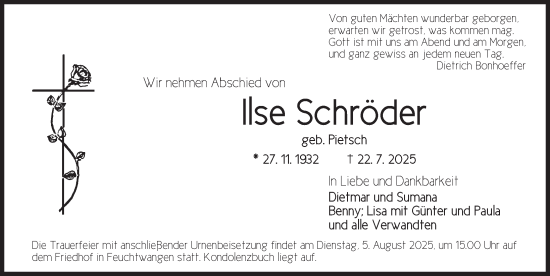 Traueranzeige von Ilse Schröder von Dinkelsbühl/ Feuchtwangen