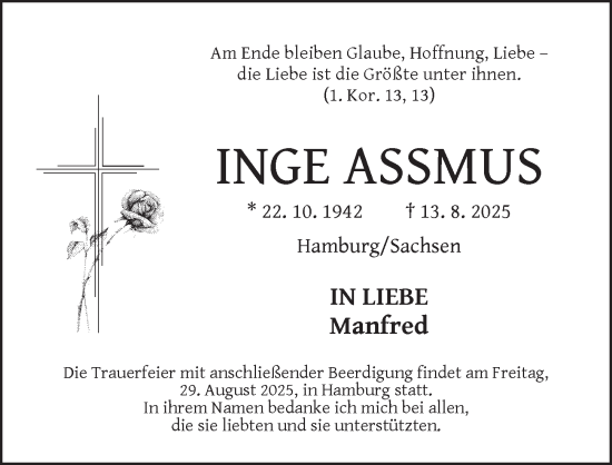Traueranzeige von Inge Assmus von Ansbach