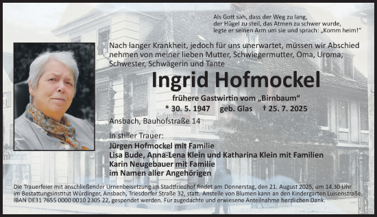 Traueranzeige von Ingrid Hofmockel von Ansbach