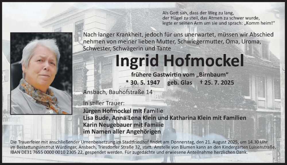  Traueranzeige für Ingrid Hofmockel vom 16.08.2025 aus Ansbach