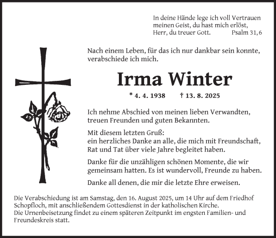 Traueranzeige von Irma Winter von Dinkelsbühl/ Feuchtwangen