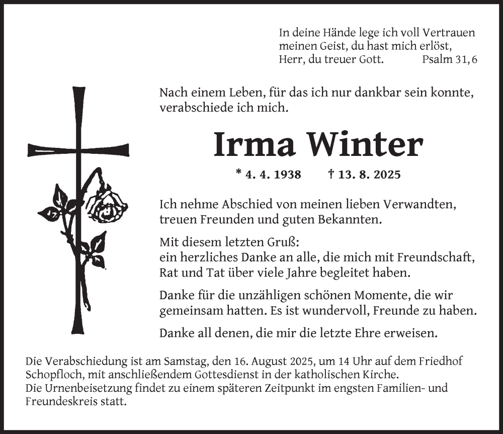  Traueranzeige für Irma Winter vom 15.08.2025 aus Dinkelsbühl/ Feuchtwangen