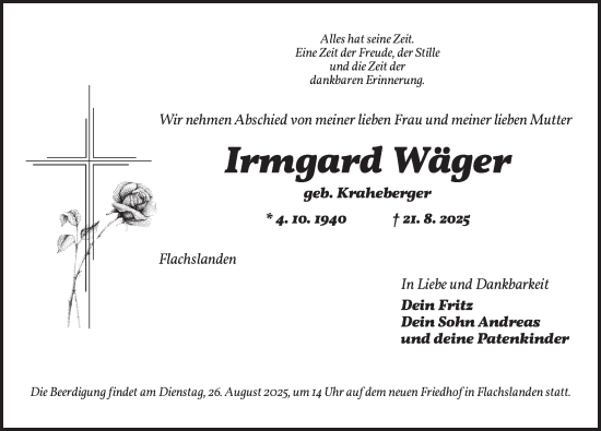 Traueranzeige von Irmgard Wäger von Ansbach