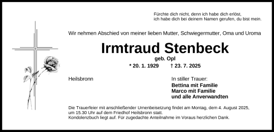 Traueranzeige von Irmtraud Stenbeck von Ansbach