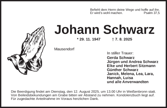 Traueranzeige von Johann Schwarz von Ansbach