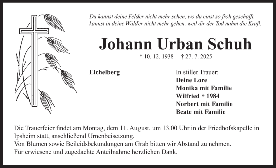 Traueranzeige von Johann Urban Schuh von Neustadt/ Scheinfeld/ Uffenheim
