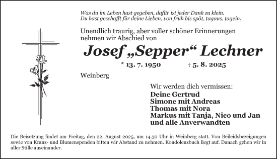 Traueranzeige von Josef Lechner von Dinkelsbühl/ Feuchtwangen
