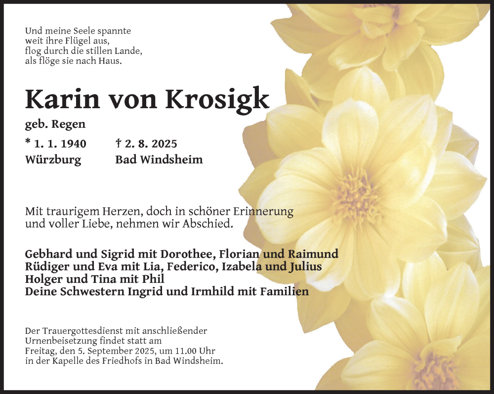  Traueranzeige für Karin von Krosigk vom 30.08.2025 aus Neustadt/ Scheinfeld/ Uffenheim
