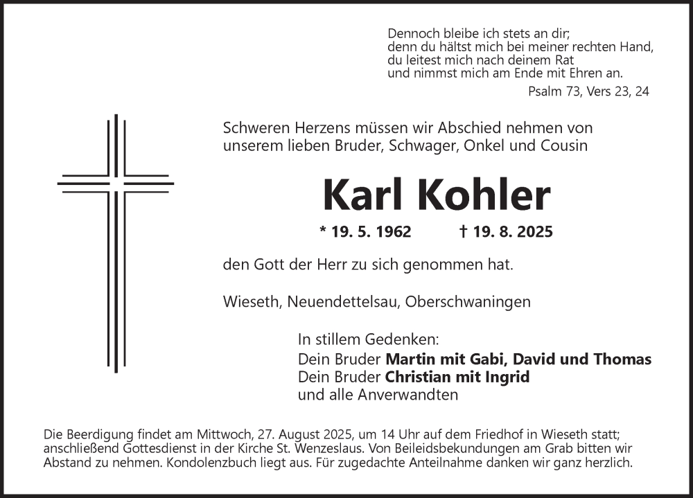  Traueranzeige für Karl Kohler vom 25.08.2025 aus Dinkelsbühl/ Feuchtwangen