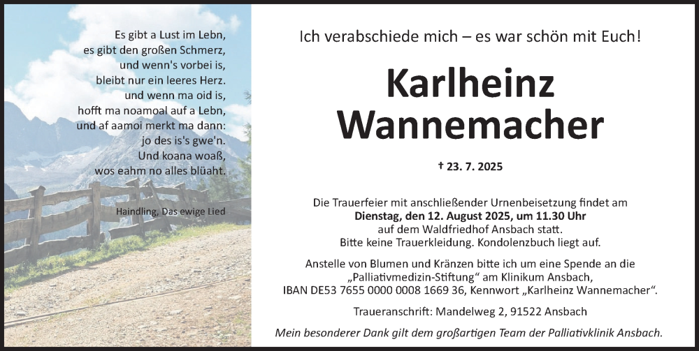  Traueranzeige für Karlheinz Wannemacher vom 07.08.2025 aus Ansbach