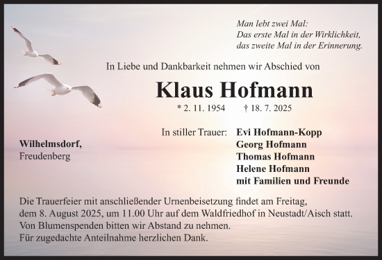 Traueranzeige von Klaus Hofmann von Neustadt/ Scheinfeld/ Uffenheim