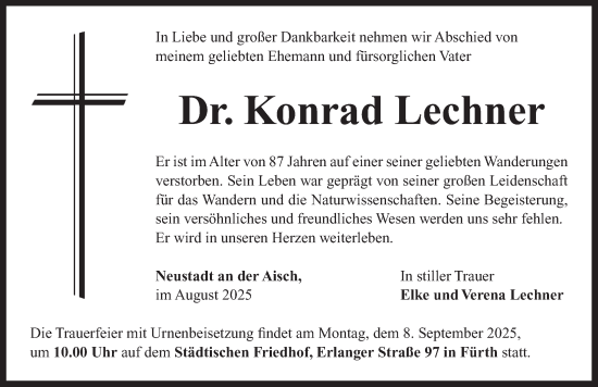Traueranzeige von Konrad Lechner von Neustadt/ Scheinfeld/ Uffenheim