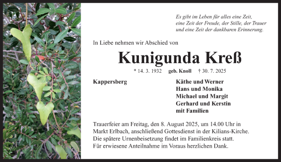 Traueranzeige von Kunigunda Kreß von Neustadt/ Scheinfeld/ Uffenheim