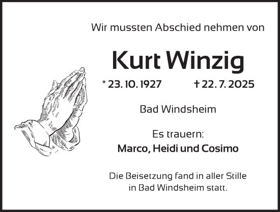 Traueranzeige von Kurt Winzig von Neustadt/ Scheinfeld/ Uffenheim