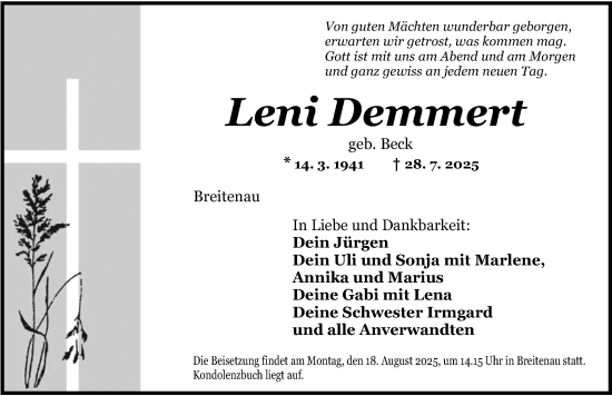 Traueranzeige von Leni Demmert von Dinkelsbühl/ Feuchtwangen