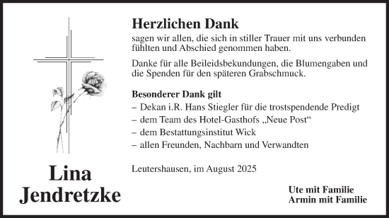 Traueranzeige von Lina Jendretzke von Ansbach