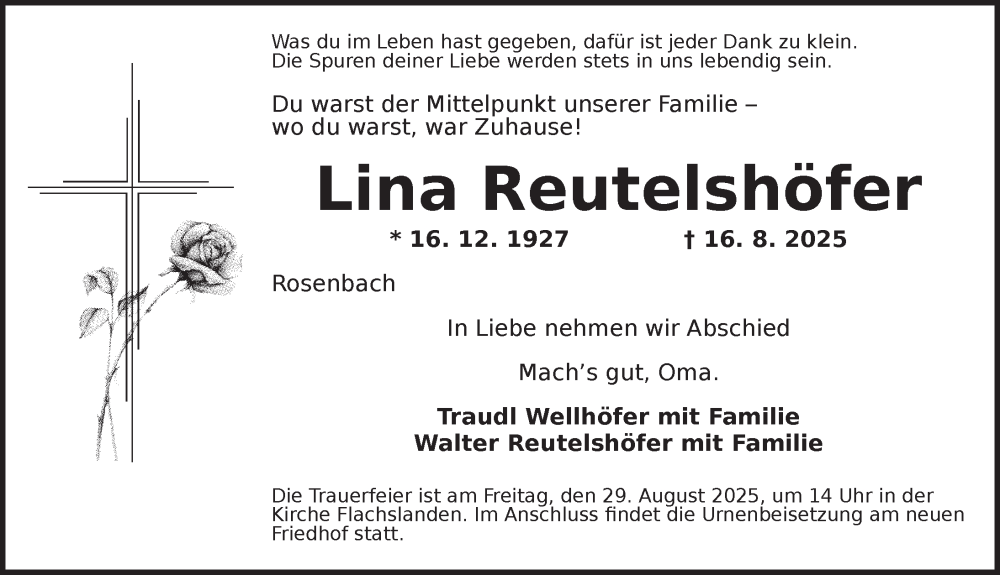  Traueranzeige für Lina Reutelshöfer vom 27.08.2025 aus Ansbach