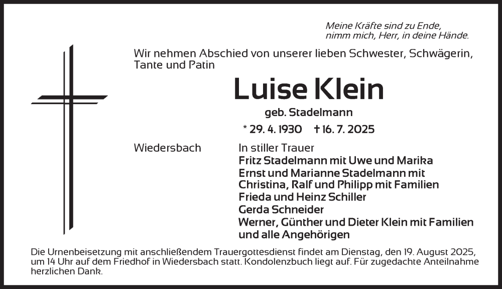  Traueranzeige für Luise Klein vom 16.08.2025 aus Ansbach