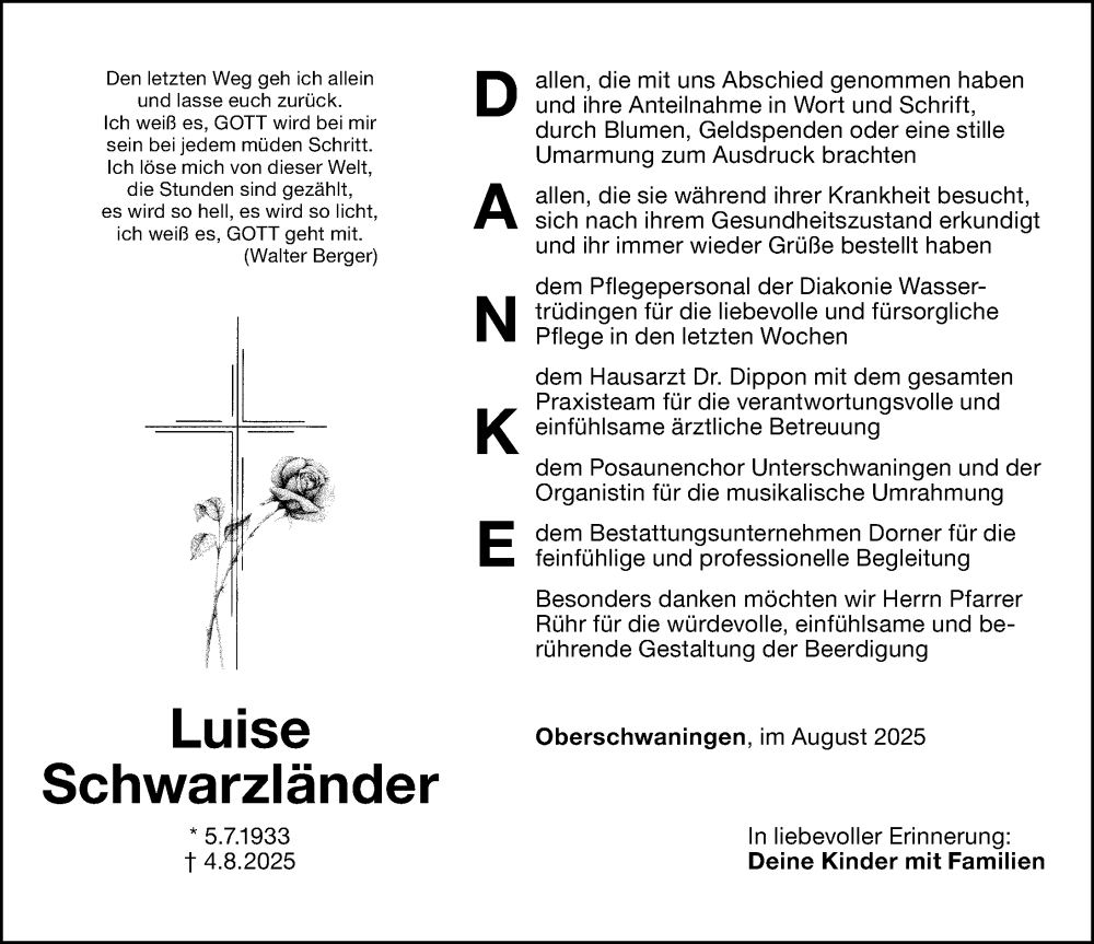  Traueranzeige für Luise Schwarzländer vom 23.08.2025 aus Dinkelsbühl/ Feuchtwangen