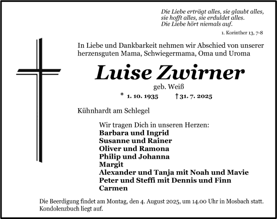 Traueranzeige von Luise Zwirner von Dinkelsbühl/ Feuchtwangen