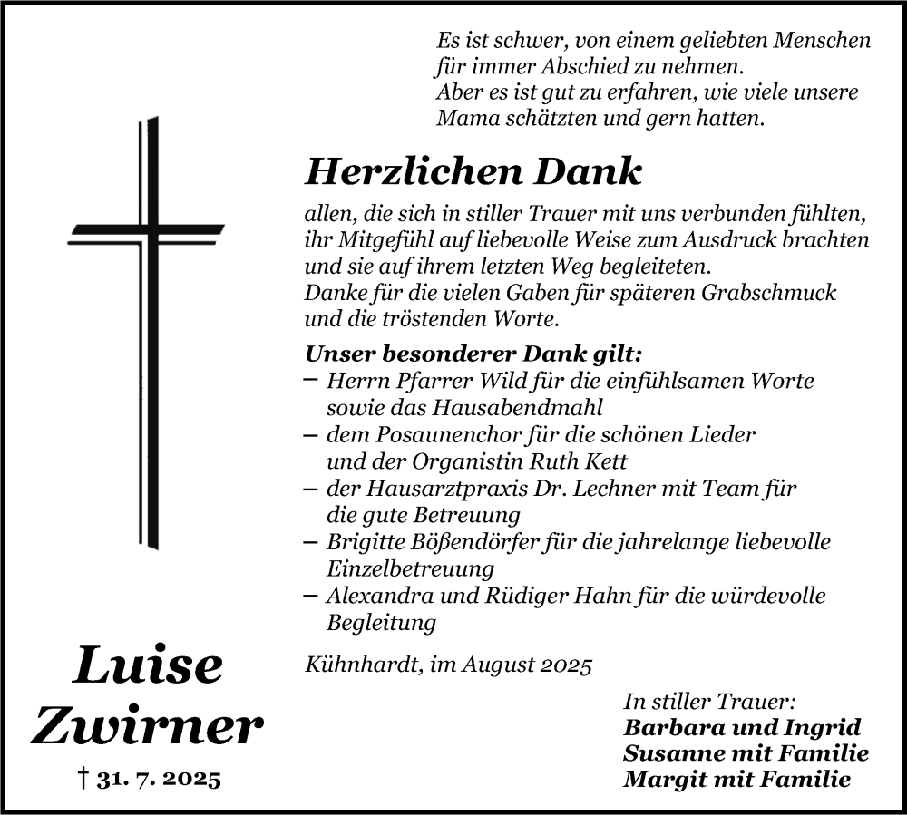  Traueranzeige für Luise Zwirner vom 18.08.2025 aus Dinkelsbühl/ Feuchtwangen