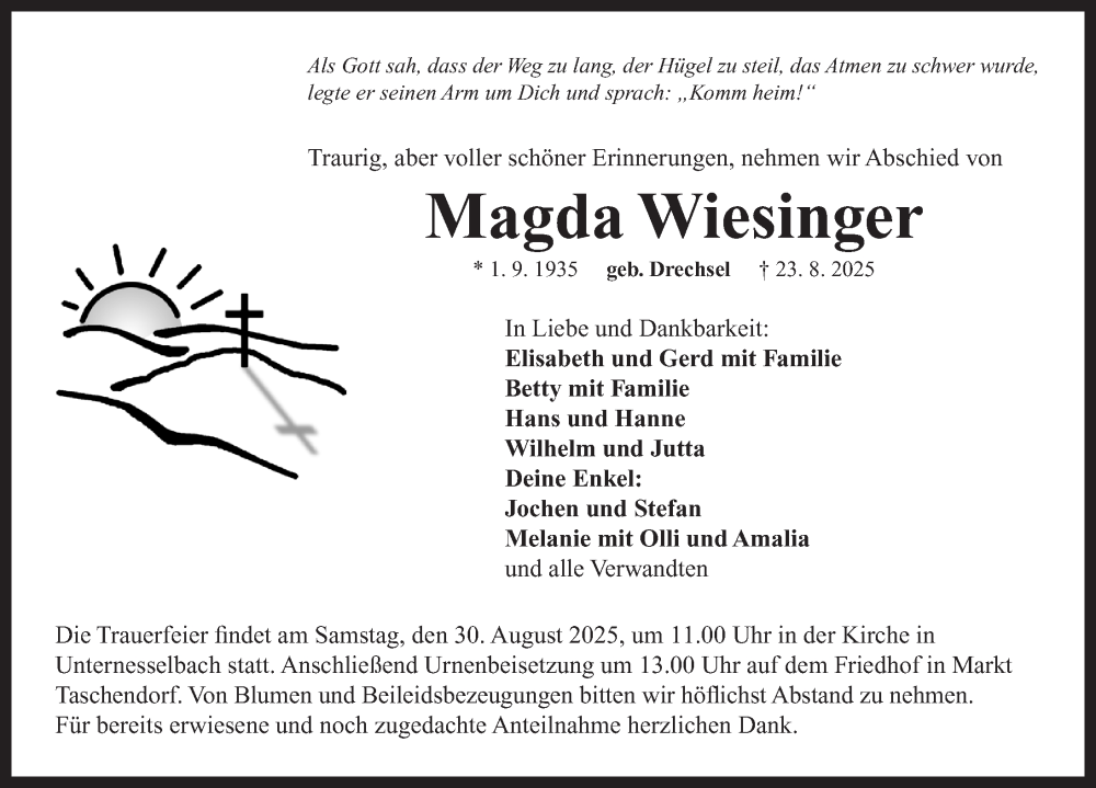  Traueranzeige für Magda Wiesinger vom 28.08.2025 aus Neustadt/ Scheinfeld/ Uffenheim