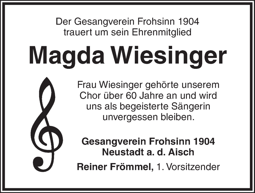  Traueranzeige für Magda Wiesinger vom 30.08.2025 aus Neustadt/ Scheinfeld/ Uffenheim