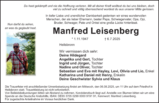Traueranzeige von Manfred Leisenberg von Ansbach