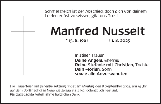 Traueranzeige von Manfred Nusselt von Ansbach