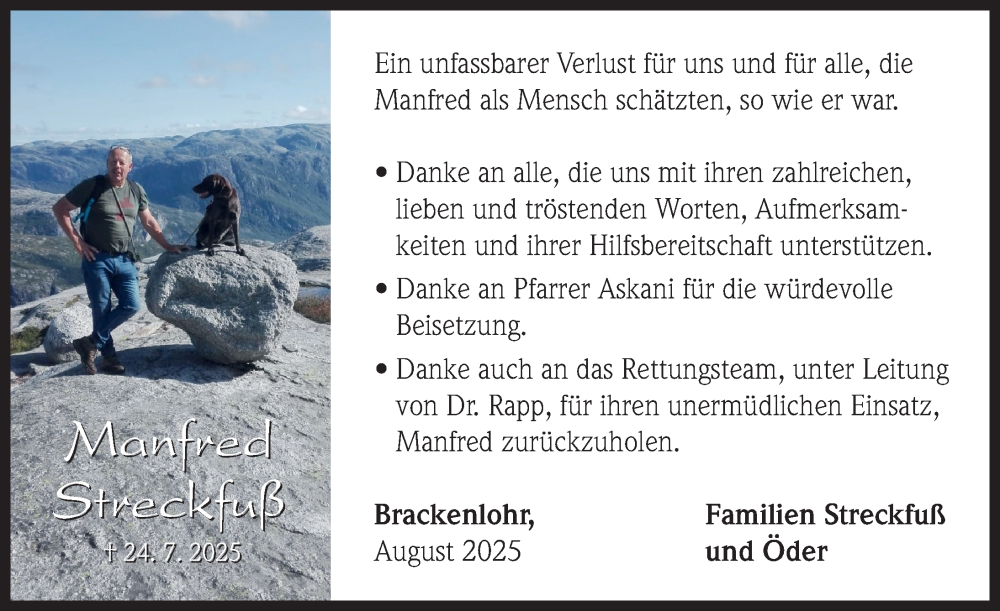  Traueranzeige für Manfred Streckfuß vom 30.08.2025 aus Neustadt/ Scheinfeld/ Uffenheim