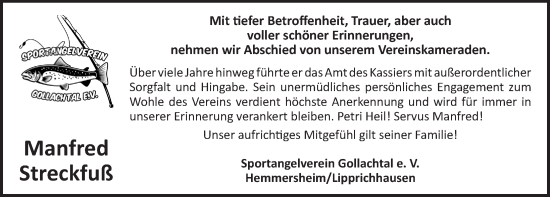 Traueranzeige von Manfred Streckfuß von Neustadt/ Scheinfeld/ Uffenheim