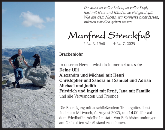 Traueranzeige von Manfred Streckfuß von Neustadt/ Scheinfeld/ Uffenheim
