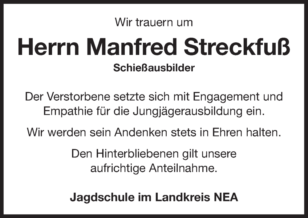  Traueranzeige für Manfred Streckfuß vom 09.08.2025 aus Neustadt/ Scheinfeld/ Uffenheim