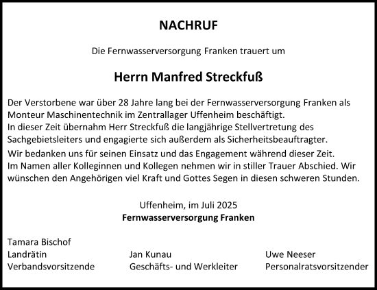 Traueranzeige von Manfred Streckfuß von Neustadt/ Scheinfeld/ Uffenheim