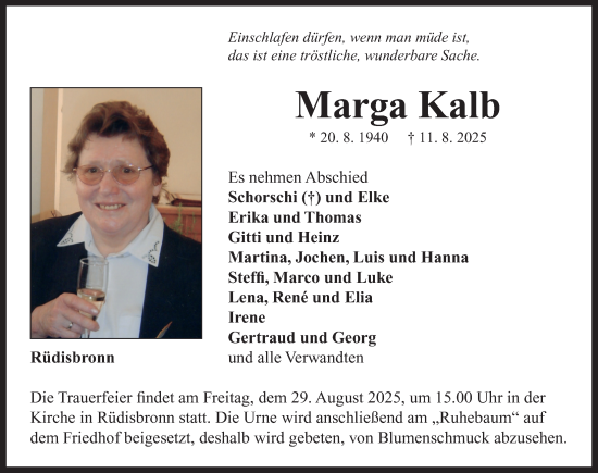 Traueranzeige von Marga Kalb von Neustadt/ Scheinfeld/ Uffenheim