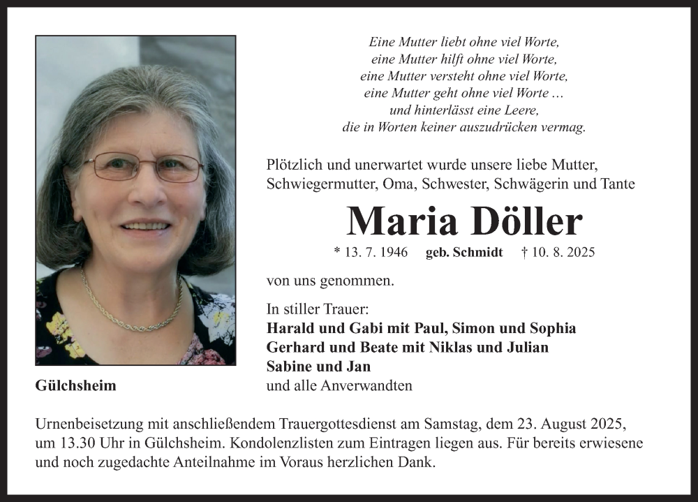  Traueranzeige für Maria Döller vom 20.08.2025 aus Neustadt/ Scheinfeld/ Uffenheim