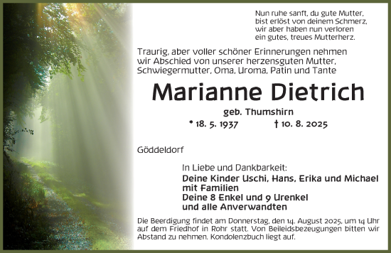 Traueranzeige von Marianne Dietrich von Ansbach