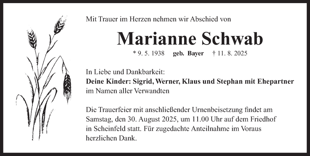  Traueranzeige für Marianne Schwab vom 27.08.2025 aus Neustadt/ Scheinfeld/ Uffenheim