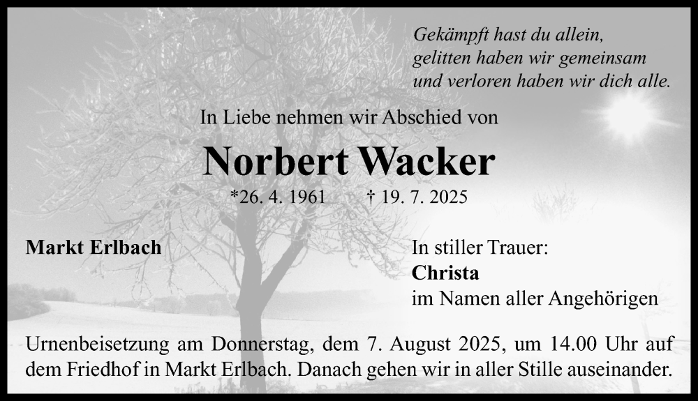  Traueranzeige für Norbert Wacker vom 02.08.2025 aus Neustadt/ Scheinfeld/ Uffenheim