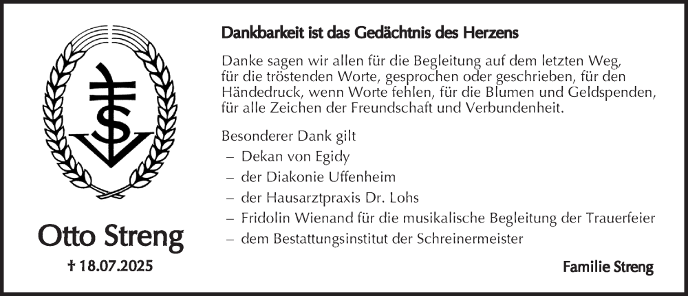  Traueranzeige für Otto Streng vom 08.08.2025 aus Neustadt/ Scheinfeld/ Uffenheim