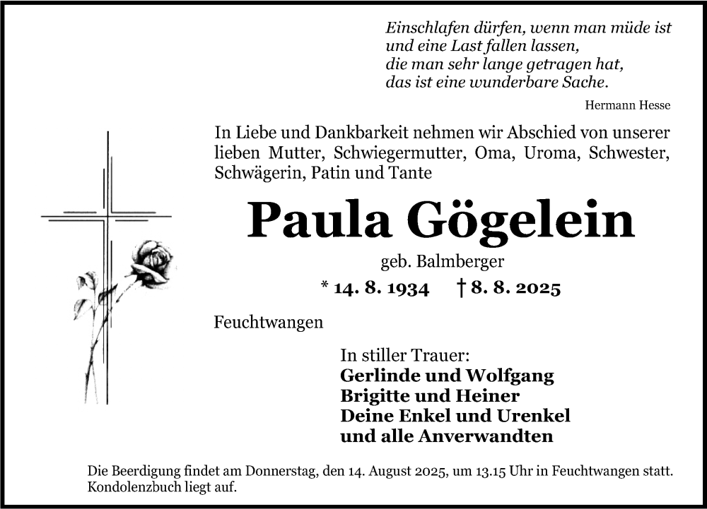  Traueranzeige für Paula Gögelein vom 12.08.2025 aus Dinkelsbühl/ Feuchtwangen
