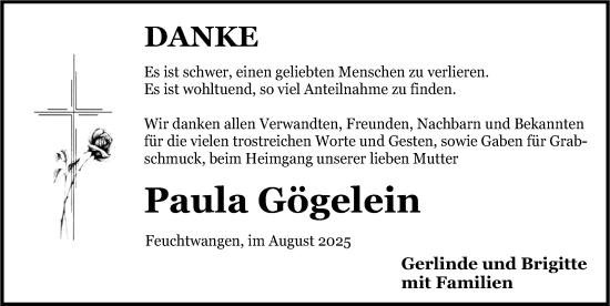 Traueranzeige von Paula Gögelein von Dinkelsbühl/ Feuchtwangen
