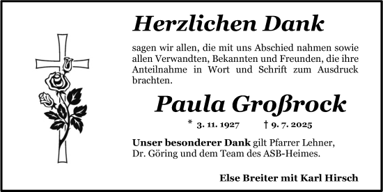 Traueranzeige von Paula Großrock von Dinkelsbühl/ Feuchtwangen