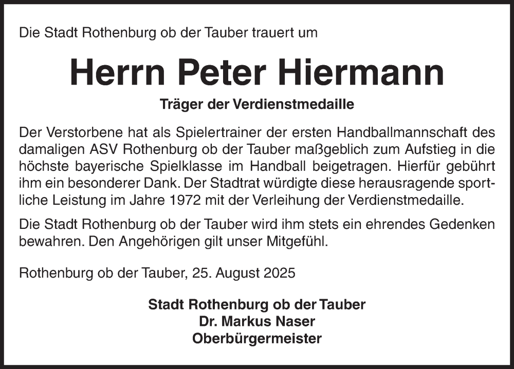  Traueranzeige für Peter Hiermann vom 25.08.2025 aus Rothenburg