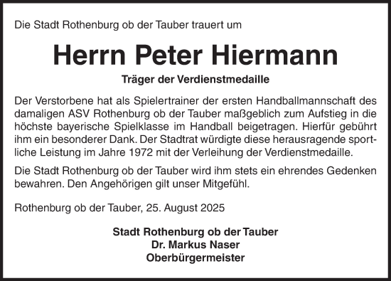 Traueranzeige von Peter Hiermann von Rothenburg