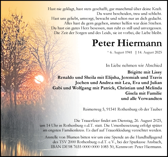 Traueranzeige von Peter Hiermann von Rothenburg