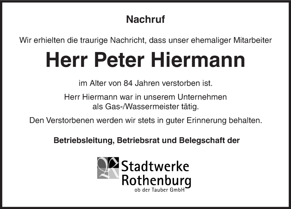  Traueranzeige für Peter Hiermann vom 25.08.2025 aus Rothenburg