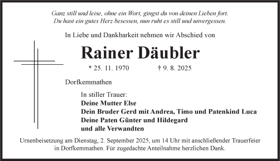 Traueranzeige von Rainer Däubler von Dinkelsbühl/ Feuchtwangen