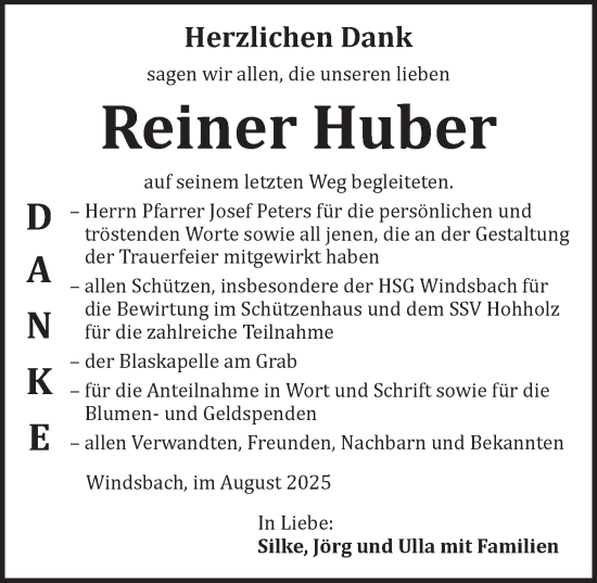 Traueranzeige von Reiner Huber von Ansbach
