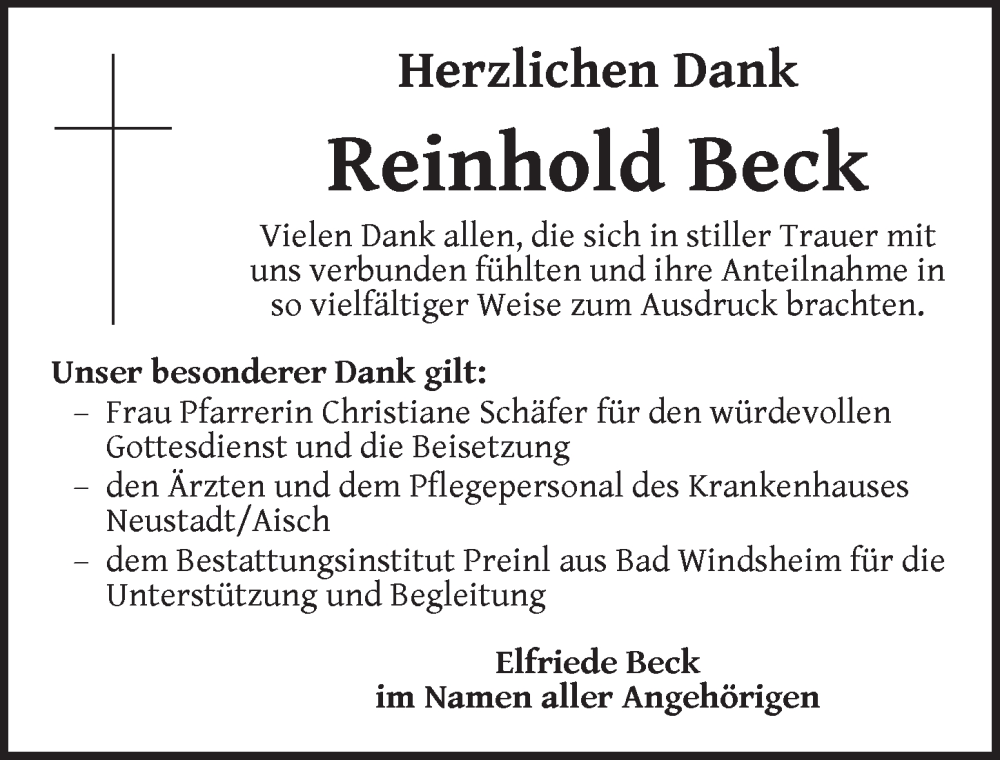  Traueranzeige für Reinhold Beck vom 16.08.2025 aus Neustadt/ Scheinfeld/ Uffenheim